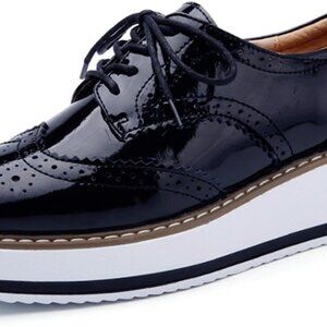 Women's Leather Platform Lace-Up Wingtips Square Toe Oxfords Shoes